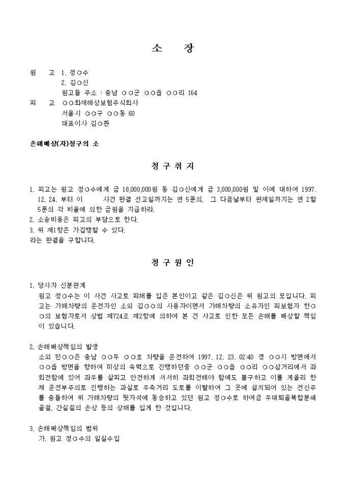 손해배상 청구소장(자동차사고2) 미리보기