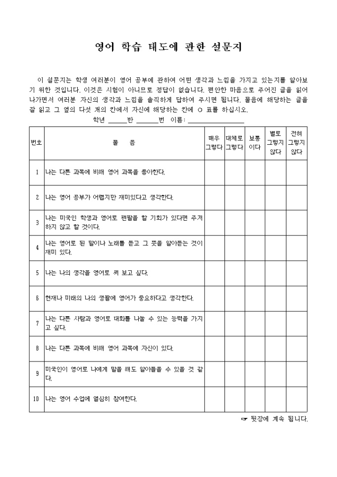영어학습태도 설문지 미리보기