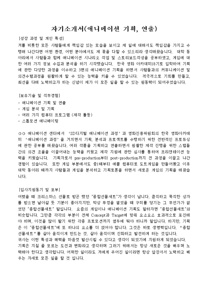기획, 연출 자기소개서(애니메이션) 미리보기