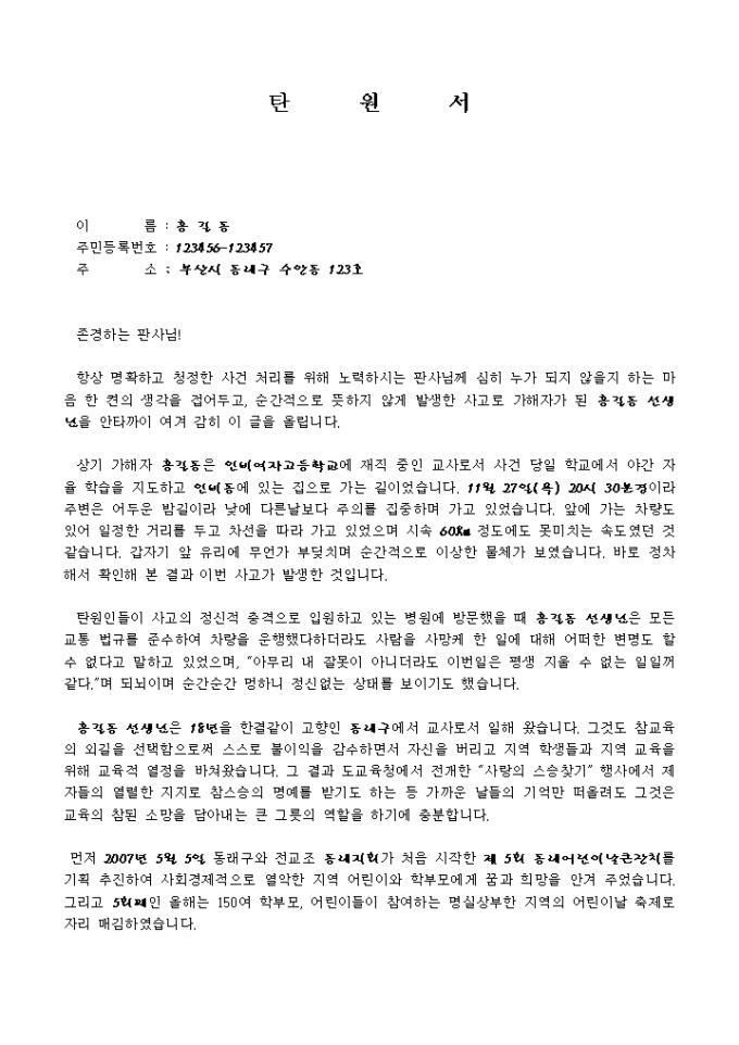 탄원서(인사 교통사고에 대한 선처호소) 미리보기