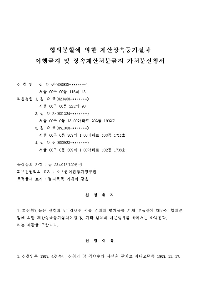 협의분할에 의한 재산상속등기절차 이행금지 및 상속재산 처분금지 가처분신청서 미리보기