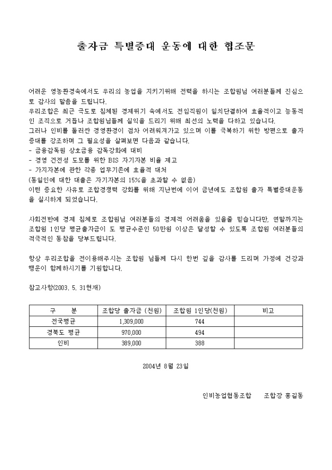 협조문(출자금 특별증대 운동) 미리보기