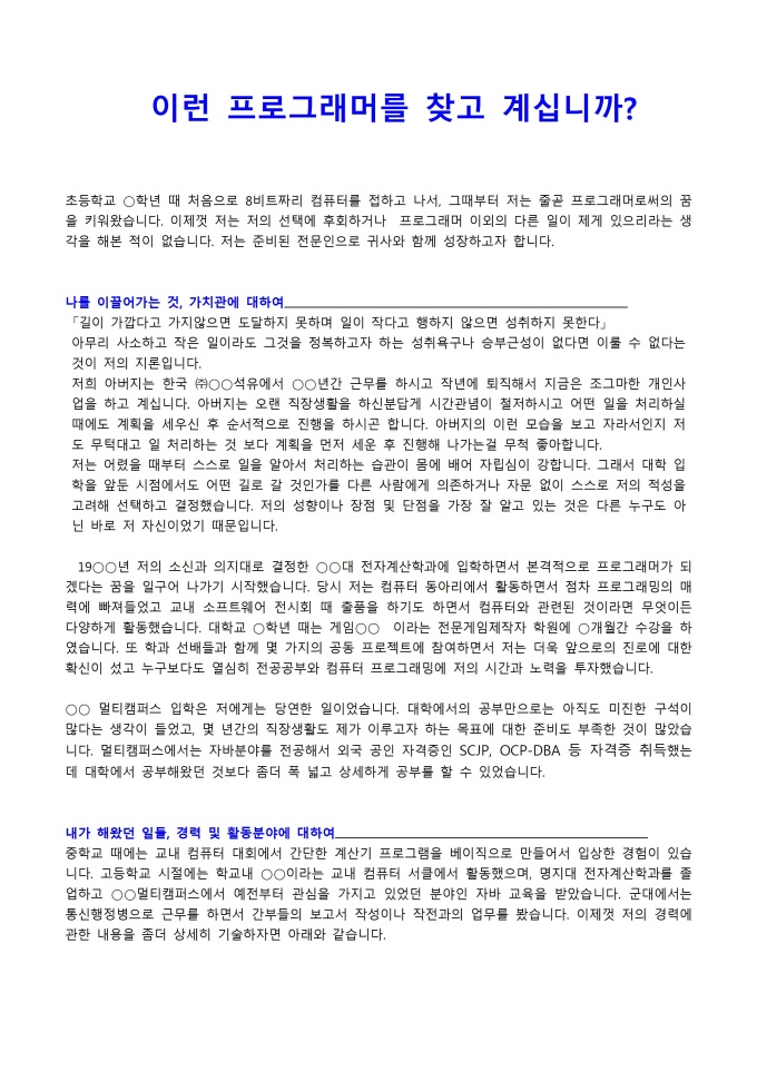 웹프로그래머 자기소개서(게임)_경력 미리보기
