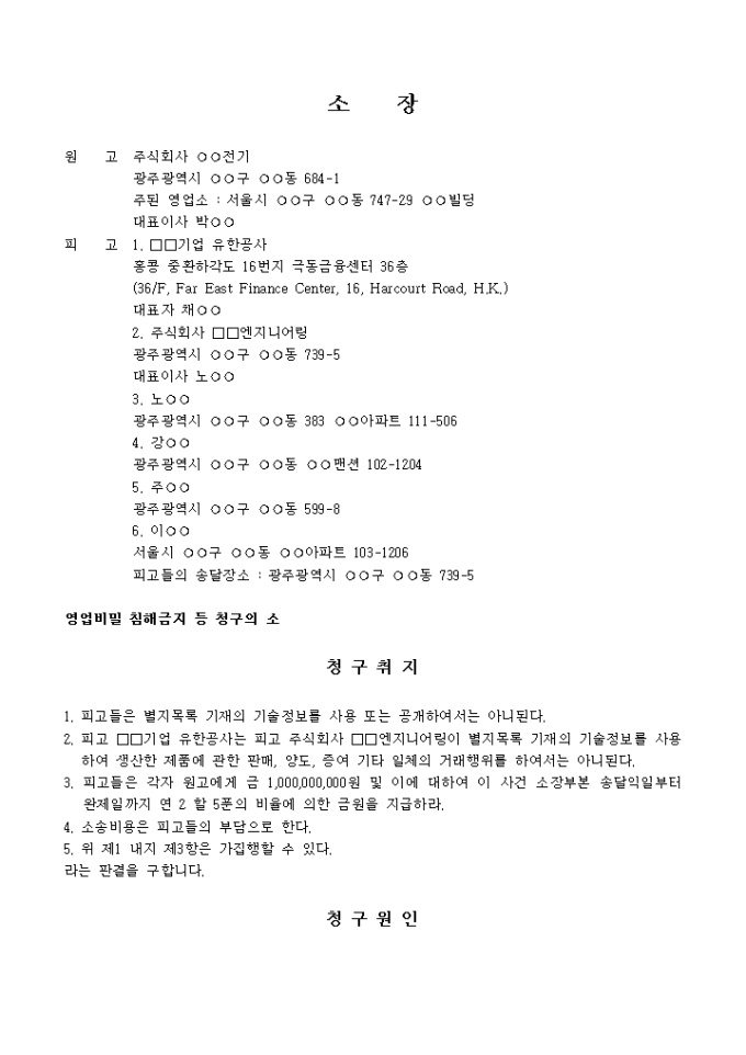 영업비밀 침해금지 청구소장 미리보기
