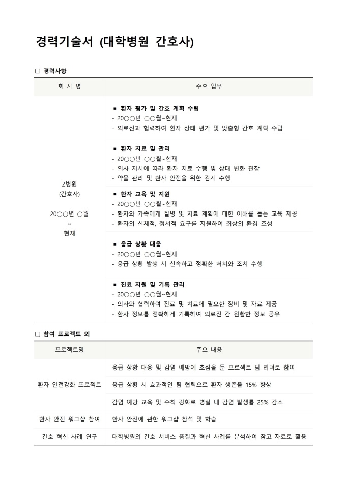 경력기술서(대학병원 간호사)